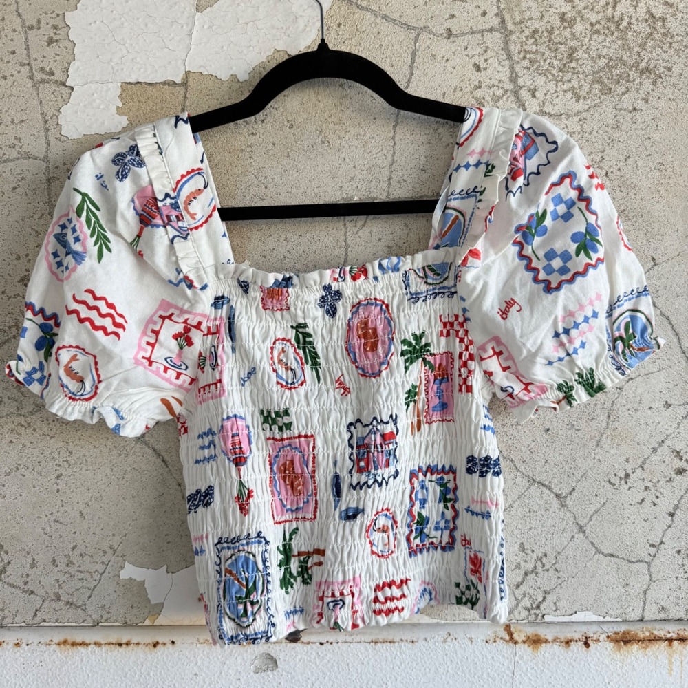 Crop Top NWT Smocked Blouse Puff Sleeve Linen Blend European Summer Womens M - Picture 3 of 9